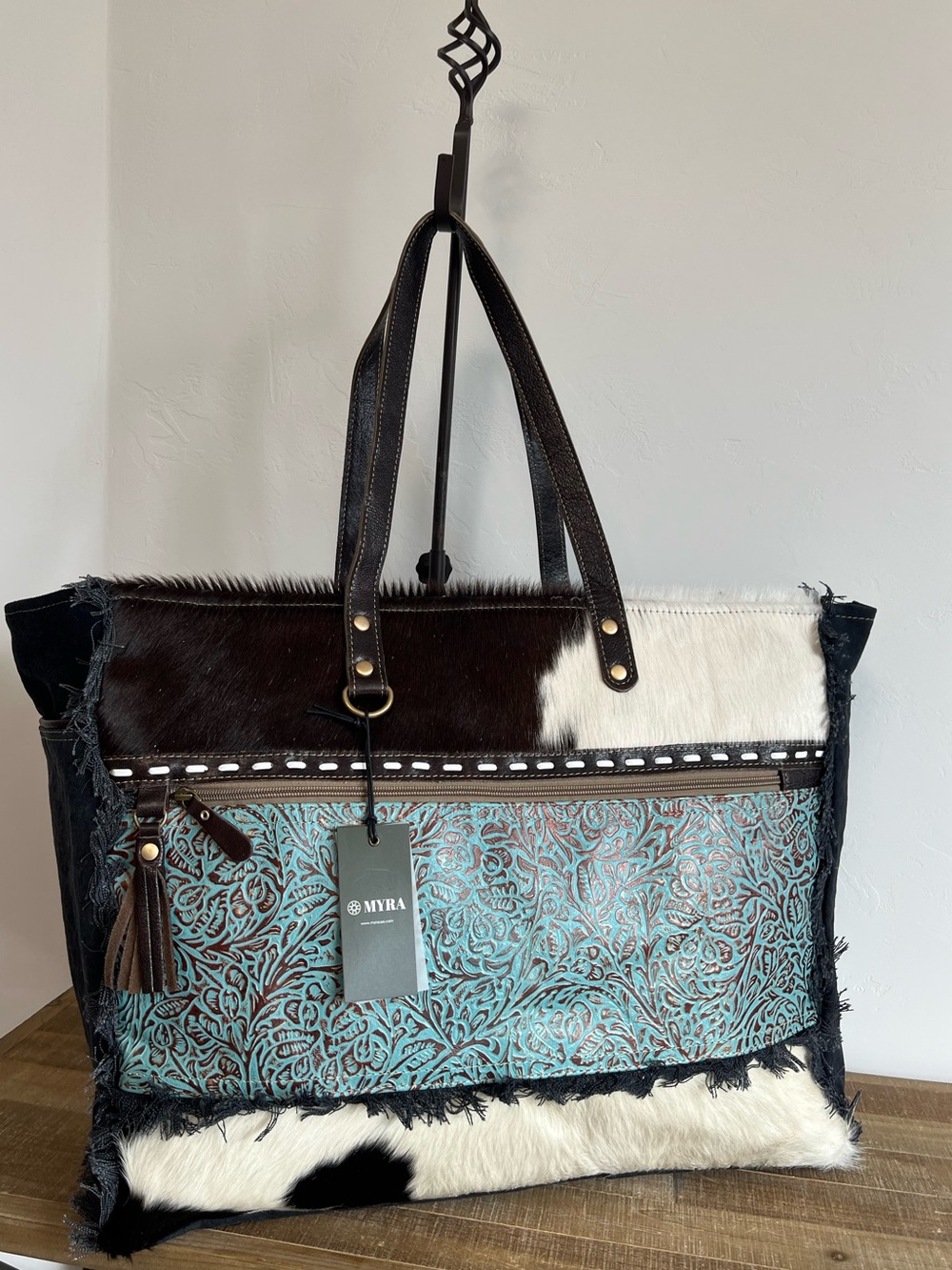 Myra Sea Grass Cowhide Weekender Bag XL Travel Duffel Western Boho Leather Tote